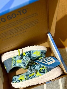 Hey Dude Kids Teal Canvas Slip-Ons with Yellow Highlights